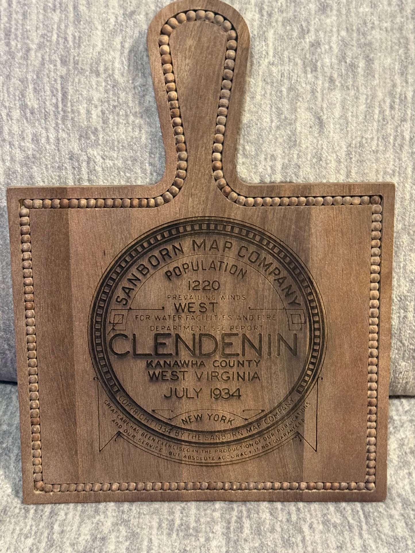 Cutting board with Sanborn map logo - Clendenin, West Virginia