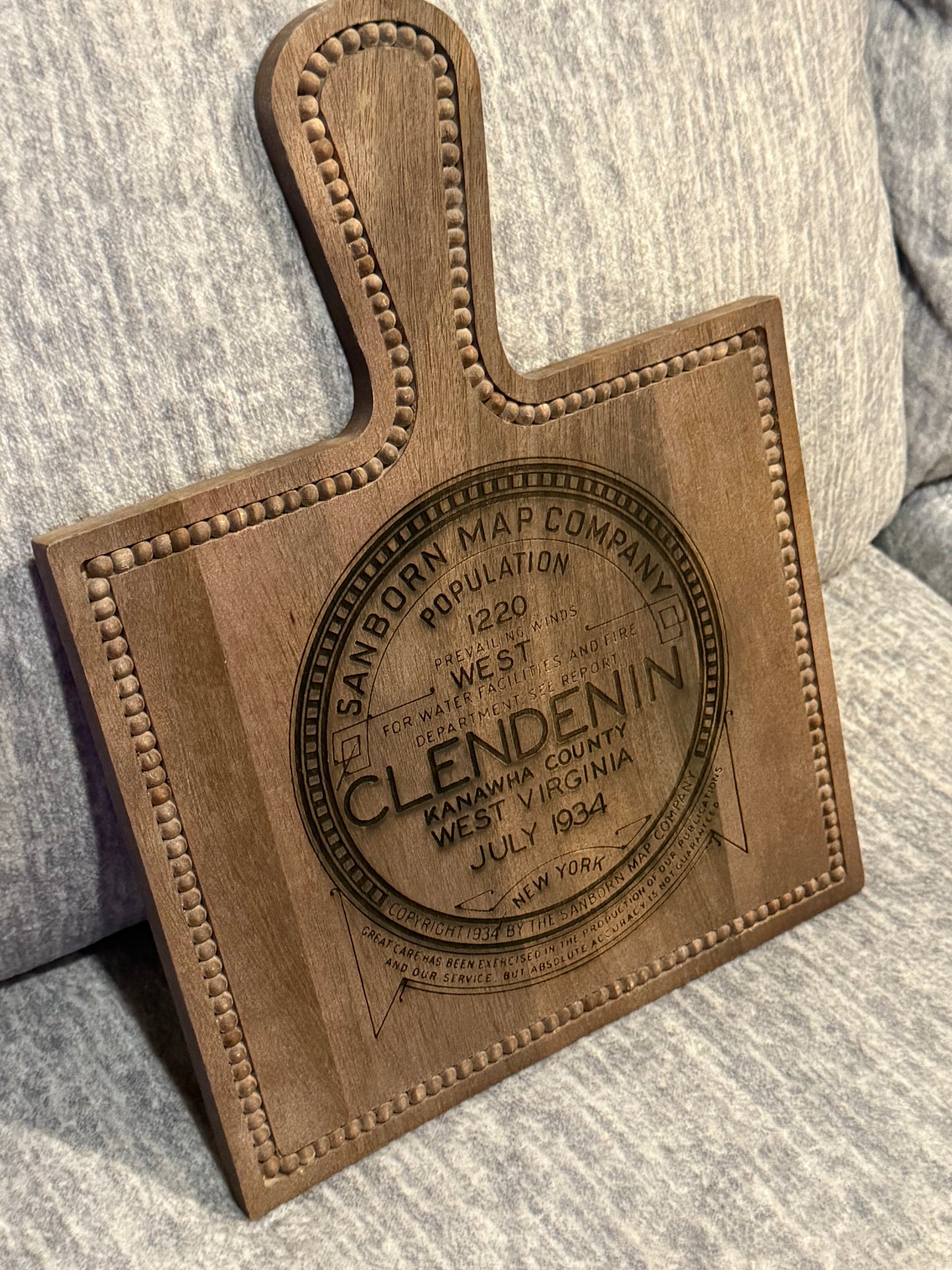 Cutting board with Sanborn map logo - Clendenin, West Virginia